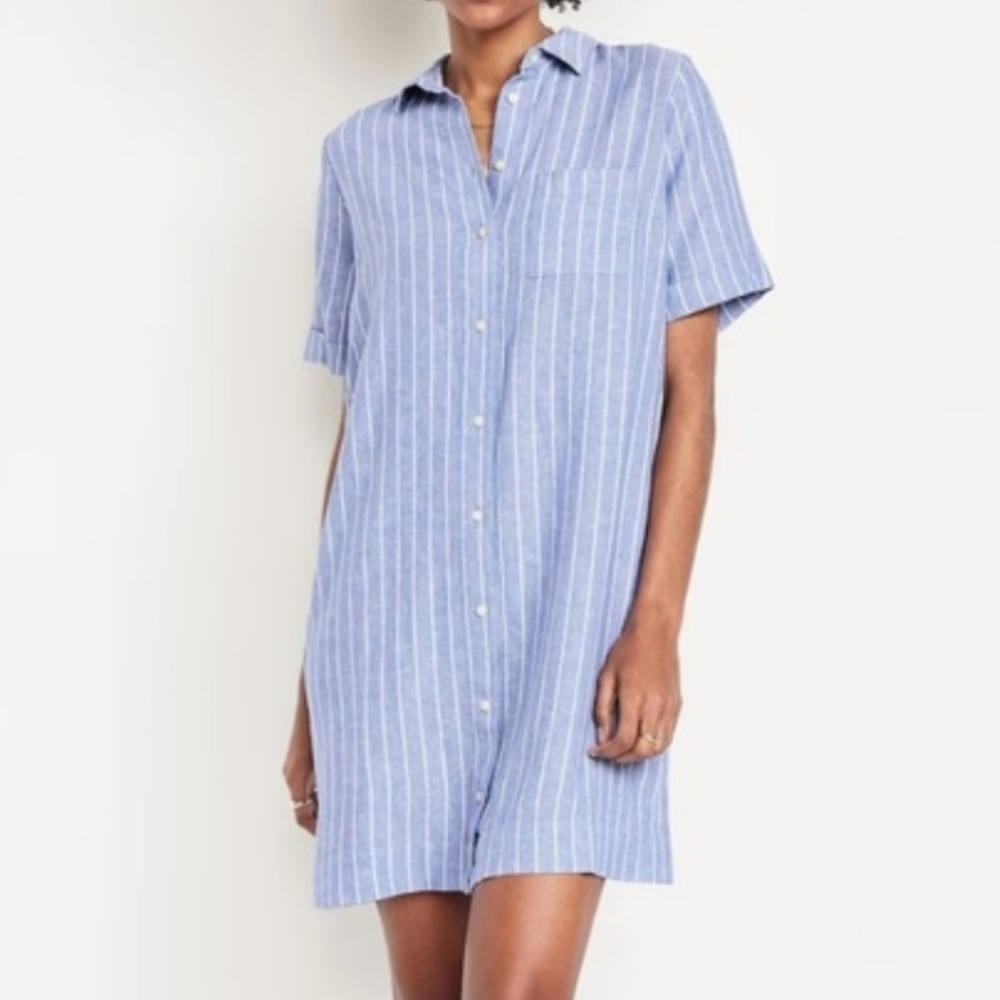 Old Navy NWT Linen Blue Striped Mini Shirt Dress